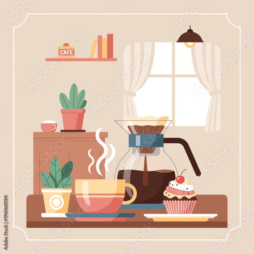 Cozy coffee break with fresh brew, cupcake, and plants in a warm, inviting cafe setting.