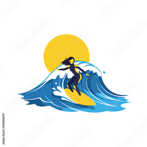 Woman Surfing on Yellow Board, Ocean Wave, Sunny Day