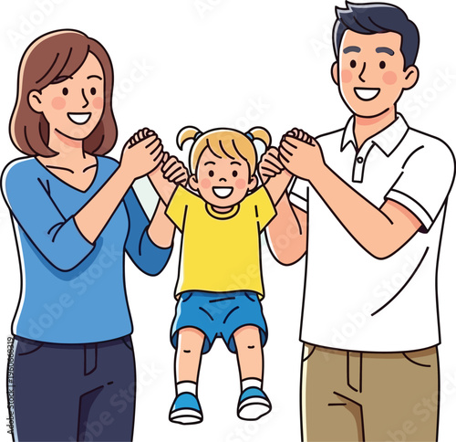 Parents swing their cheerful toddler daughter between their hands happily.