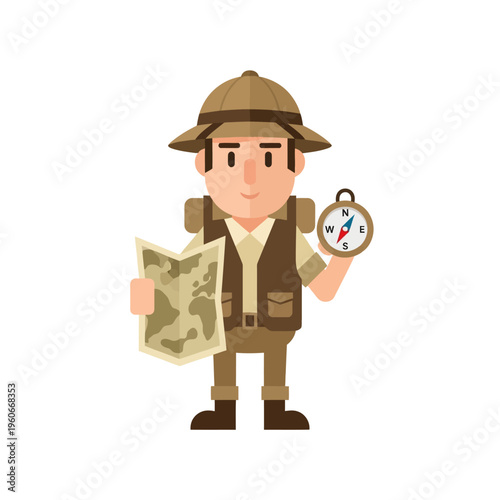 Adventurous explorer with map and compass, ready for expedition, travel, discovery, exploration