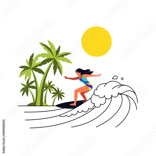Woman Surfing Tropical Beach Palm Trees Sunny Day Ocean Wave