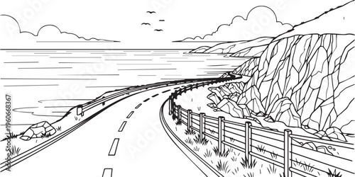 Scenic coastal highway winding alongside steep rocky cliffs overlooking the vast ocean under a cloudy summer sky in this black and white vector illustration.