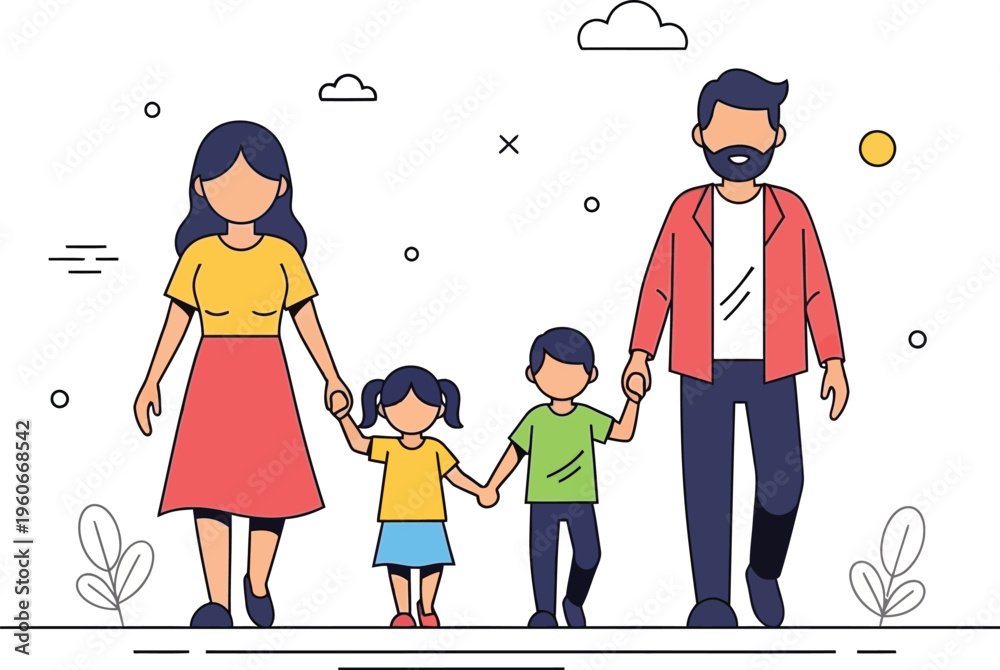 Fototapeta premium Family of four walks together holding hands across a simple, stylized.