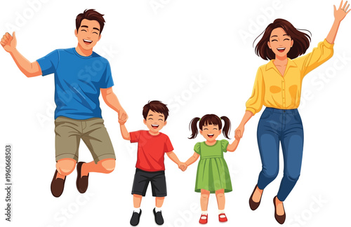 Joyful family of four excitedly jumping high together while holding hands.