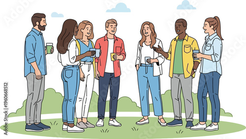 Diverse group of young adults conversing casually outdoors on a pleasant.