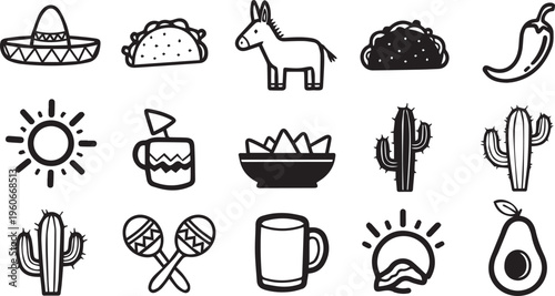 A vibrant collection of hand-drawn Mexican cultural symbols and food items featuring a sombrero tacos a donkey chili sun margarita nachos and various cacti vector graphic illustration.
