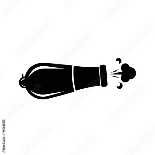 Black silhouette of a cannon firing, smoke and sparks emanating from the barrel, isolated on white background.