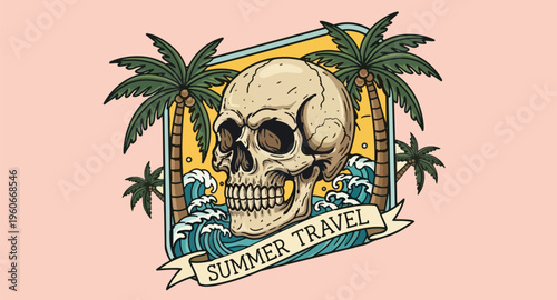 Vintage Skull and Palm Trees Summer Travel Illustration
