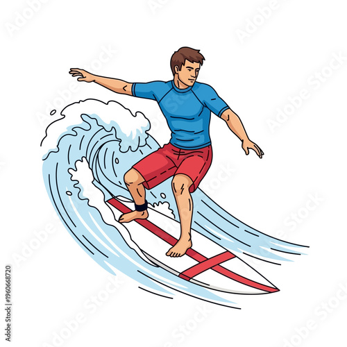 Man surfing on a wave, enjoying watersport, summer vacation, dynamic action illustration