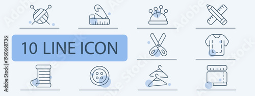 Sewing tools set icon. Yarn needle pin ruler scissors shirt thread hanger spool equipment textile craft tailoring objects.