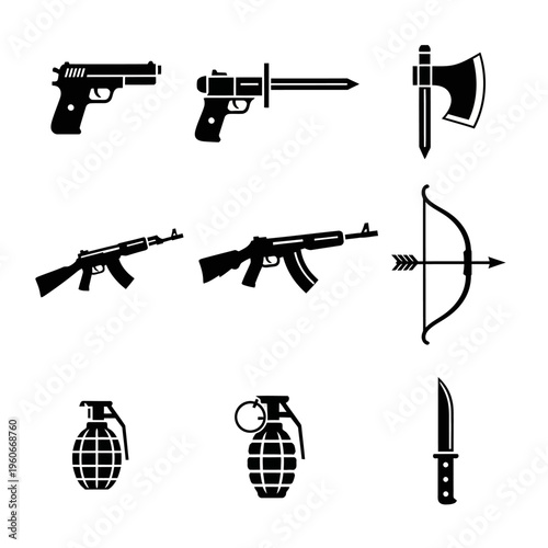 Collection of Vector Icons: Firearms, Melee Weapons, and Grenades