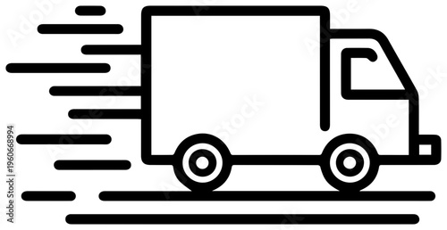 Minimalist black line icon of a delivery truck speeding with motion lines on a white background for logistics and transportation concepts