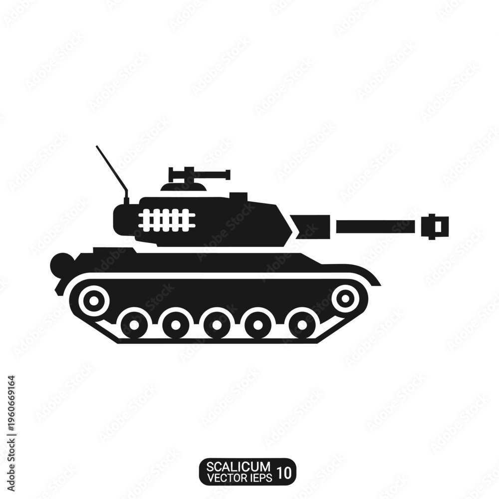 Fototapeta premium Modern battle tank silhouette, heavy armored vehicle, military icon, isolated on white background