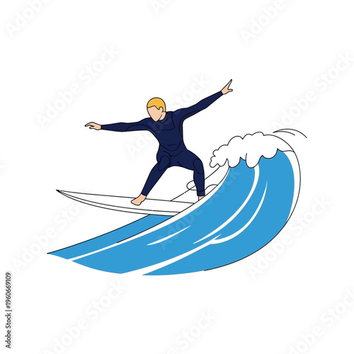 Surfer riding a blue wave, athletic man in wetsuit, dynamic water sport illustration