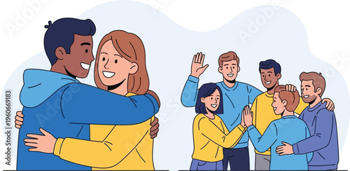 Diverse group embraces warmly while other friends greet each other happily.