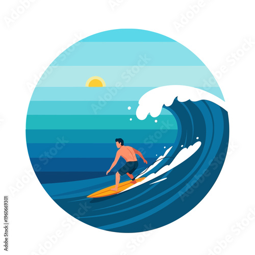 Surfer riding a large wave during a sunny day in a circular graphic illustration