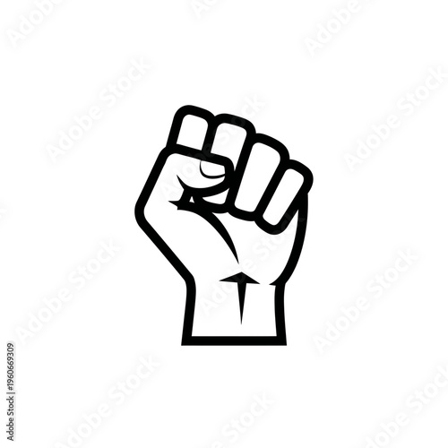 black and white vector icon of a raised clenched fist symbolizing worker solidarity, bold clean lines, centered composition, isolated on white background, no shading