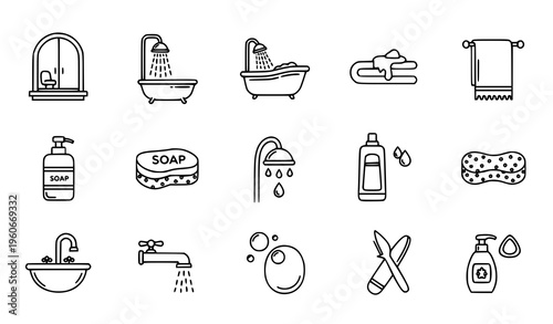 Showering and Bathing Line Icons Set Black and White Bathroom Outline Vector Collection