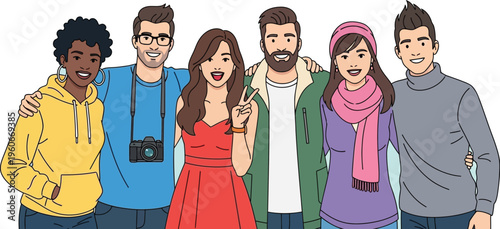 Six cheerful friends stand close together posing for a picture with casual.