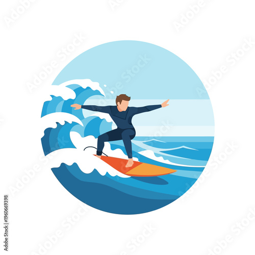 Surfer riding a wave on a surfboard, vector illustration, ocean sport