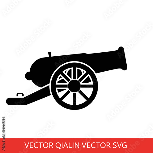 Silhouette of an old cannon with wheels, isolated on white background.