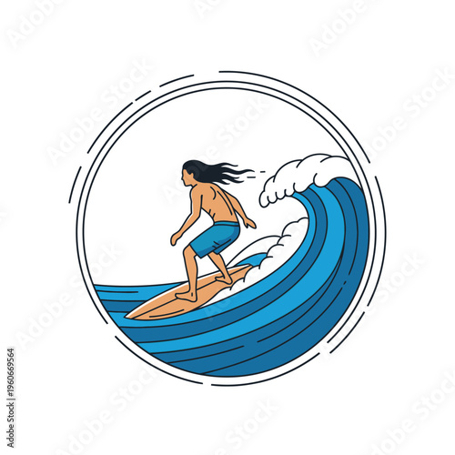 Surfer Riding Big Blue Wave in Circle Frame, Summer Sport and Ocean Lifestyle