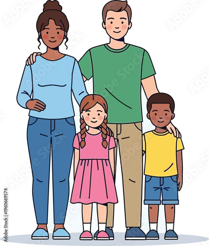 Smiling multiracial family of four stands closely together showing unit.