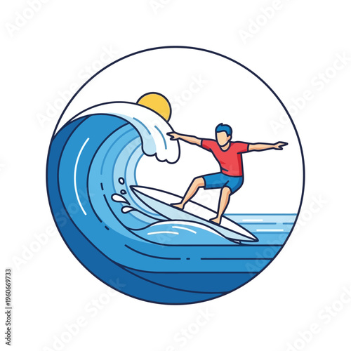 Surfer Riding Big Wave Under Sun - Flat Design Illustration