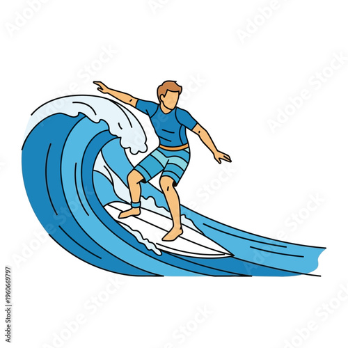 Surfer Riding Blue Wave, Summer Beach Activity, Ocean Sport Vector Illustration