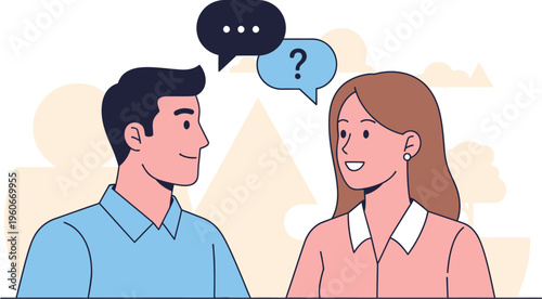 Two colleagues communicate with speech bubbles showing thoughts.