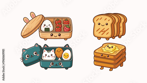 Cute Kawaii Bento Lunch Boxes and Toast Characters
