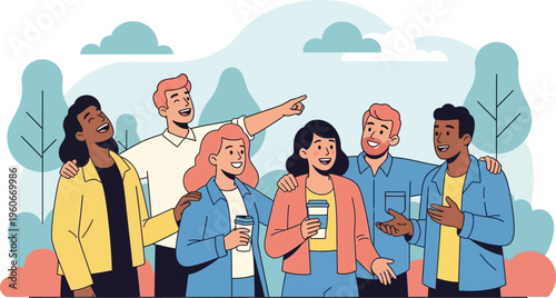 Happy group of six diverse people pointing forward in an outdoor park.