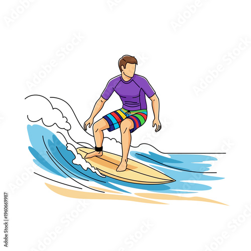 Surfer Riding Wave on Surfboard, Colorful Swim Shorts, Summer Beach Sport