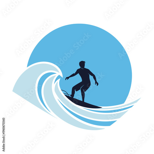 Surfer Silhouette Riding Ocean Wave Under Blue Circle Sun