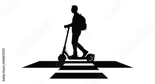 Black silhouette of person riding electric scooter, crossing road, urban transportation icon