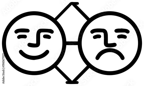 Minimalist black line vector icon of two faces smiling and frowning connected by geometric lines on white background symbolizing emotions and duality