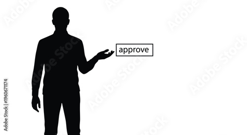 Black silhouette man holding approve stamp, vector illustration, flat design, business concept