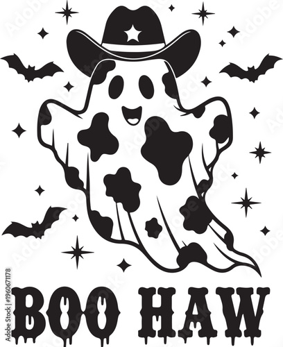 Halloween cowboy ghost, spooky cow print vector, boo haw illustration, black and white clipart