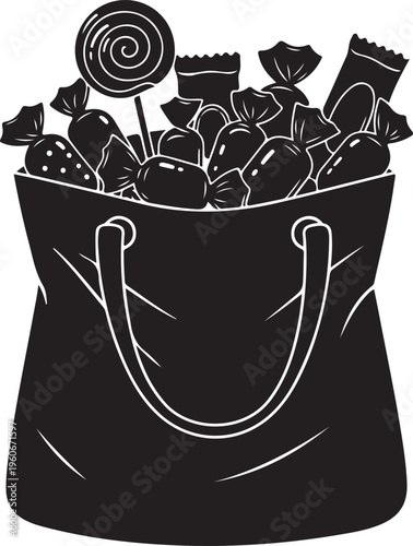 Black bag of assorted candies, sweets, treats, and chocolates