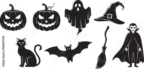 Halloween icons, black silhouettes, spooky symbols, 7 vector graphics