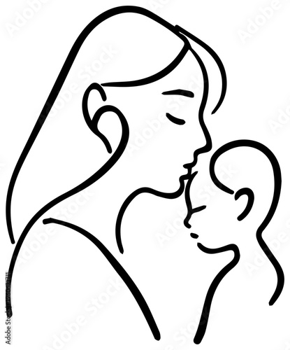 Minimalist black line art of mother and child sharing a tender moment love and care simple elegant design white background