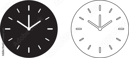 Clock faces, analog time icons, black and white, vector graphics, time symbols, clock illustrations