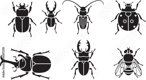Insects and Beetles Silhouette Icon Set: Ladybug, Stag Beetle, Fly, and Rhino Beetle
