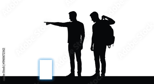 Silhouette of two men standing, pointing and looking around, black silhouettes on white background, travel and adventure concept
