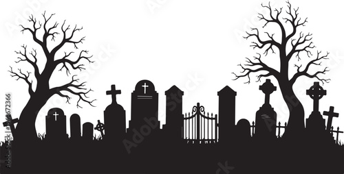Graveyard silhouette, spooky cemetery scene, black vector illustration, Halloween background