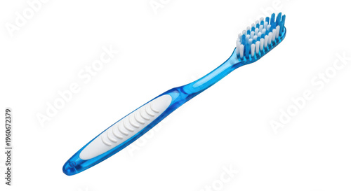 A blue and white toothbrush with white bristles