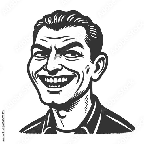 sly smiling man with exaggerated expression, internet trolling, sarcasm, manipulation, and online negativity sketch engraving generative ai vector illustration. Scratch board. Black and white image.