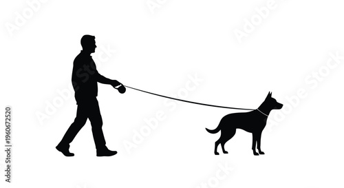 Black silhouette of man walking dog, pet icon, vector illustration, simple design element