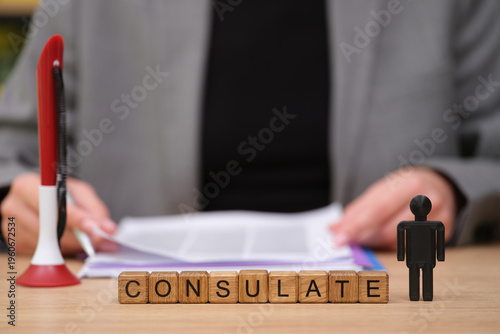 Canvastavla A person reviews important consulate documents at a desk, showcasing clear organizational tools