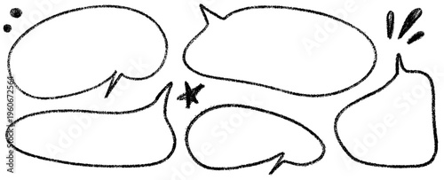 Light bubble and speech forms in crayon style, bubble and speech feel easy and playful, crayon texture blends with pencil, frame, balloon and doodle sketch.